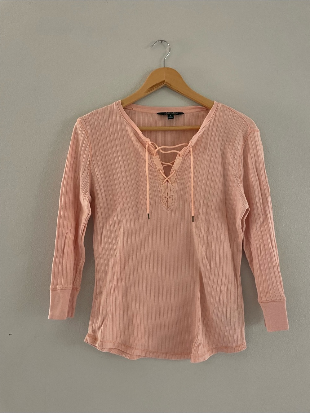 Lauren Ralph Lauren Peach Ribbed Lace-Up V-Neck 3/4 Sleeve Top